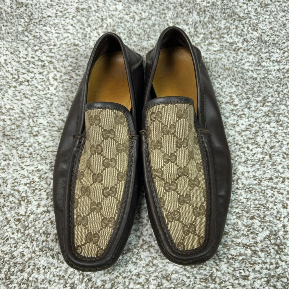 Gucci Mens Shoes Size 7.5 Brown Leather Canvas Loafers Slip On GG Monogram Italy